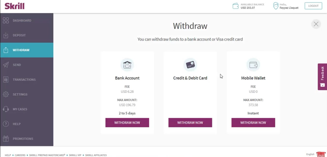 Withdrawing money from Skrill